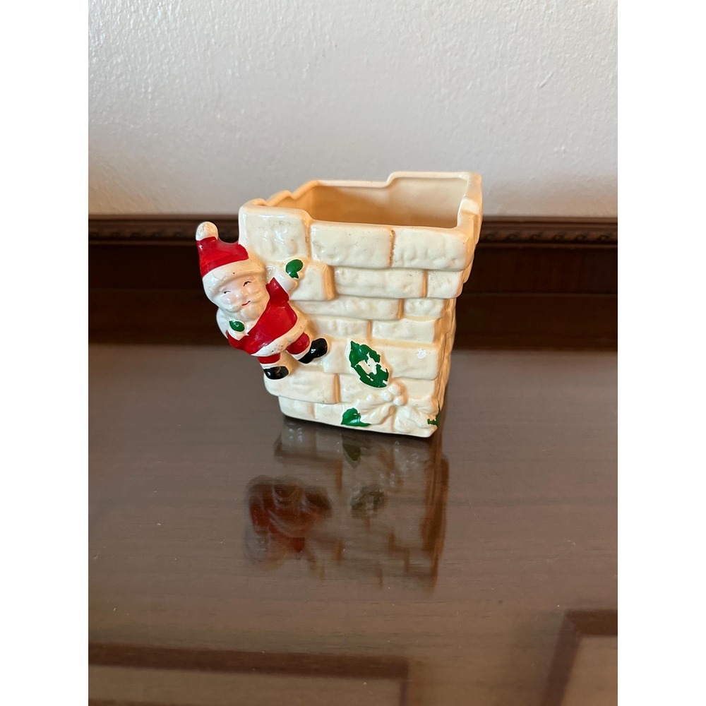 Vintage Relpo Santa Claus on Chimney‎ Planter Figure Holly Ceramic Retro